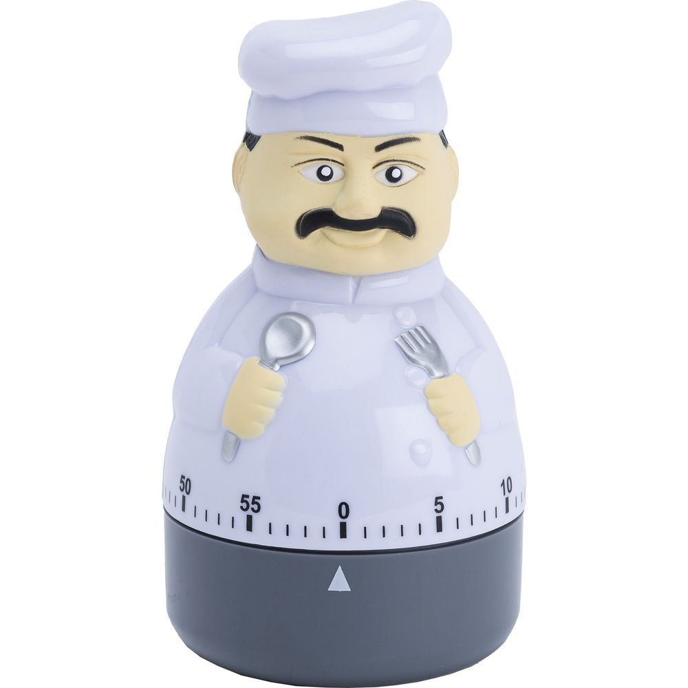 Minutnik kuchenny w kształcie kucharza z wąsami, trzymający łyżkę i widelec.