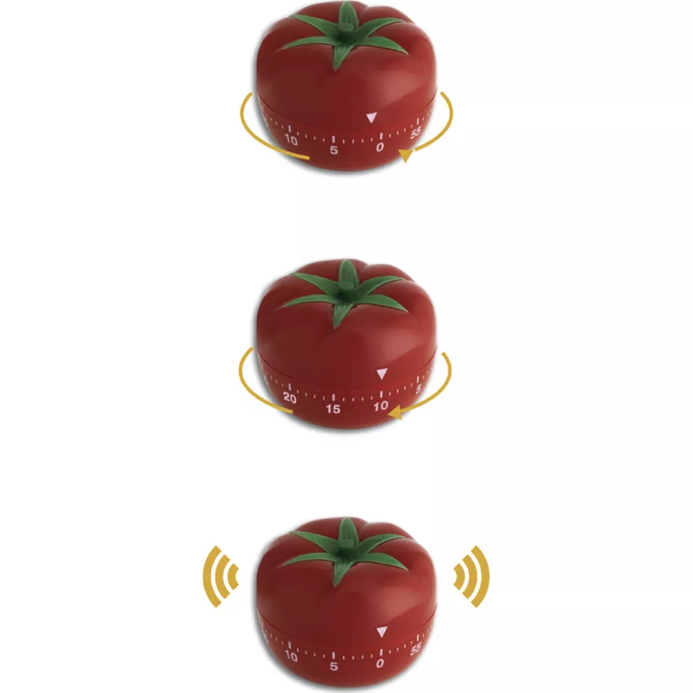 Rote Tomaten-Küchenuhr mit grünen Blättern und Zeitmessern.