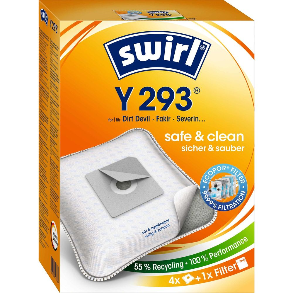 Verpackung für Swirl Y 293 Staubsaugerbeutel mit 4 Beuteln und 1 Filter.