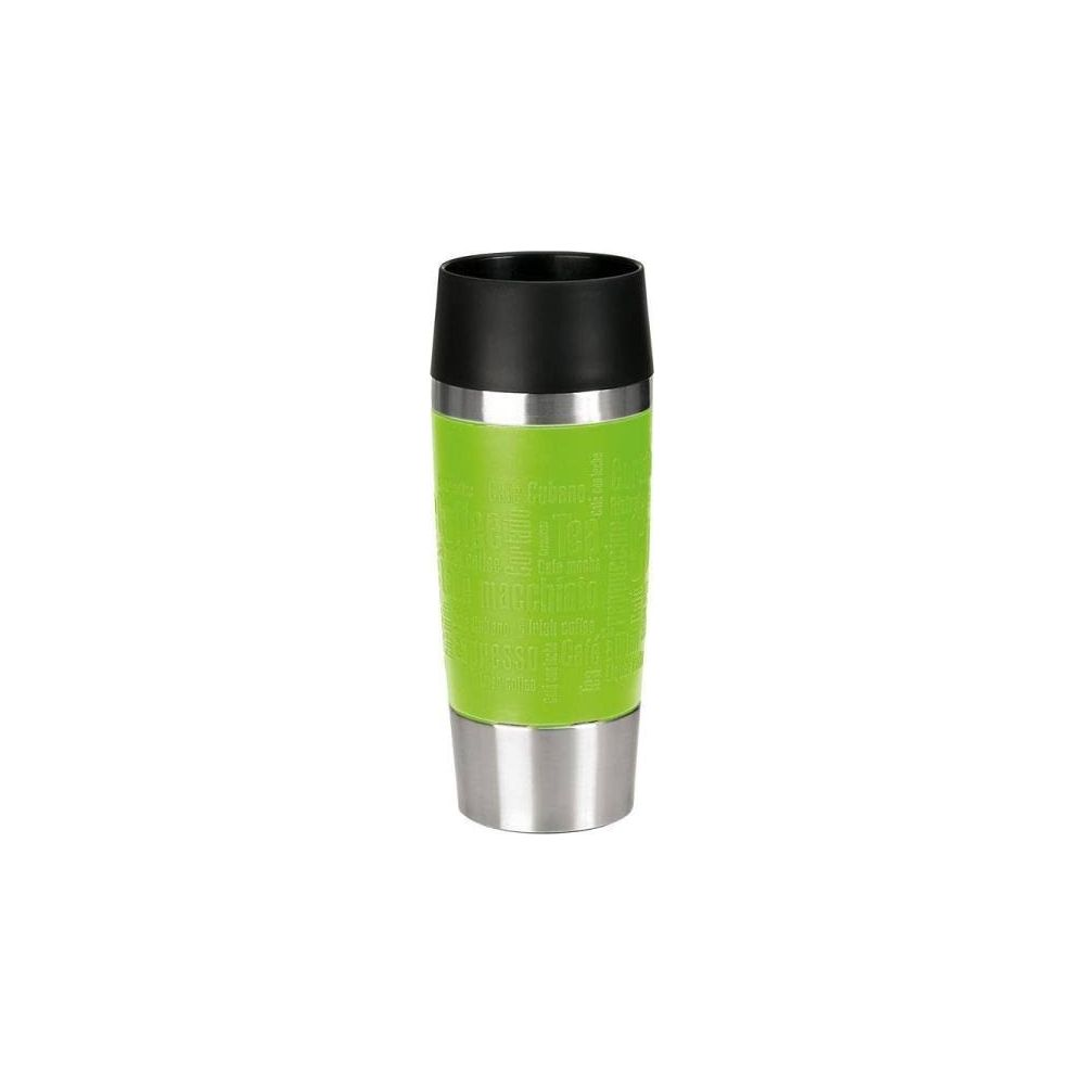Ein grüner Thermobecher mit schwarzem Deckel und silbernem Boden. Kaffee-Schriftzug.