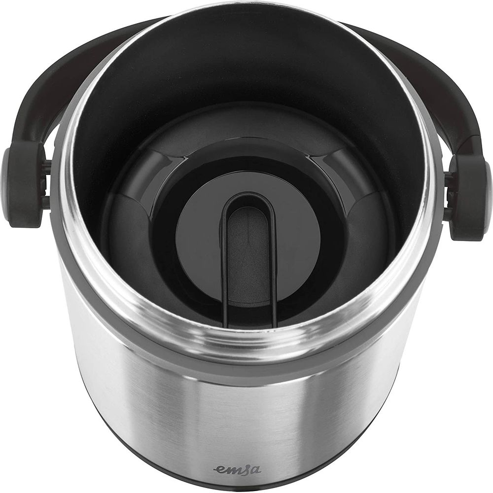 Thermos per alimenti in acciaio inox con manico e coperchio neri. Interno nero.