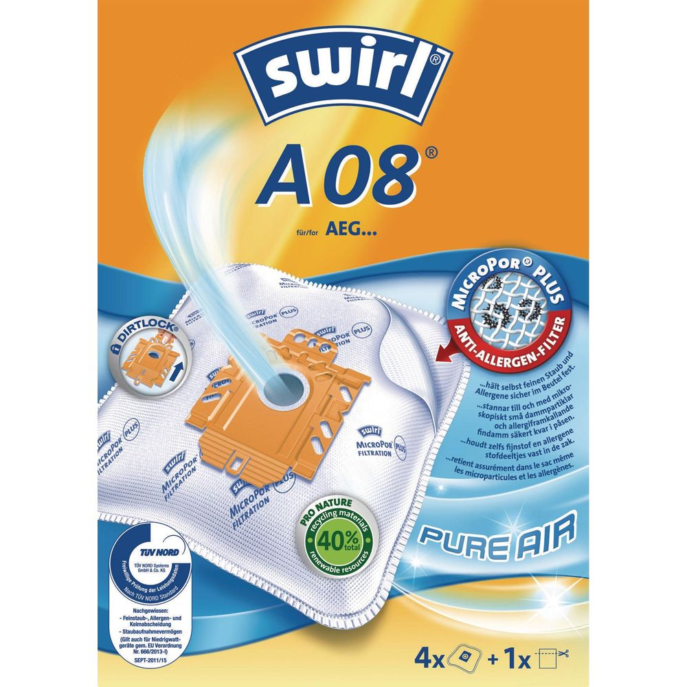 Swirl A08 Staubsaugerbeutel für AEG mit Anti-Allergen-Filter und 40% Recyclingmaterial.