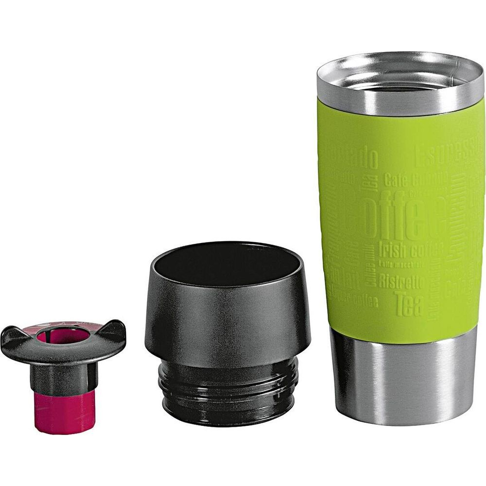 Grüner Reisebecher mit silbernem Boden und Deckel-Teilen.