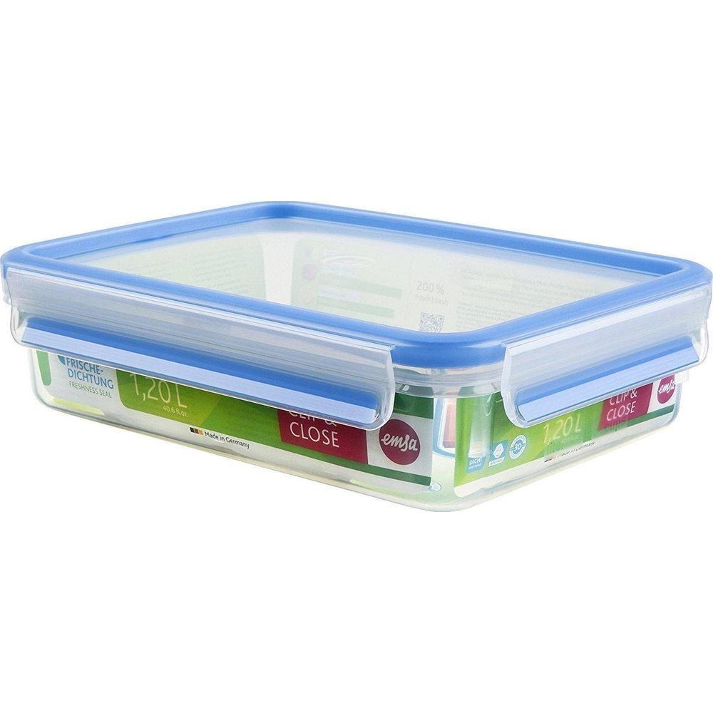 Transparenter Vorratsbehälter mit blauem Deckel, 1,20 L Fassungsvermögen.