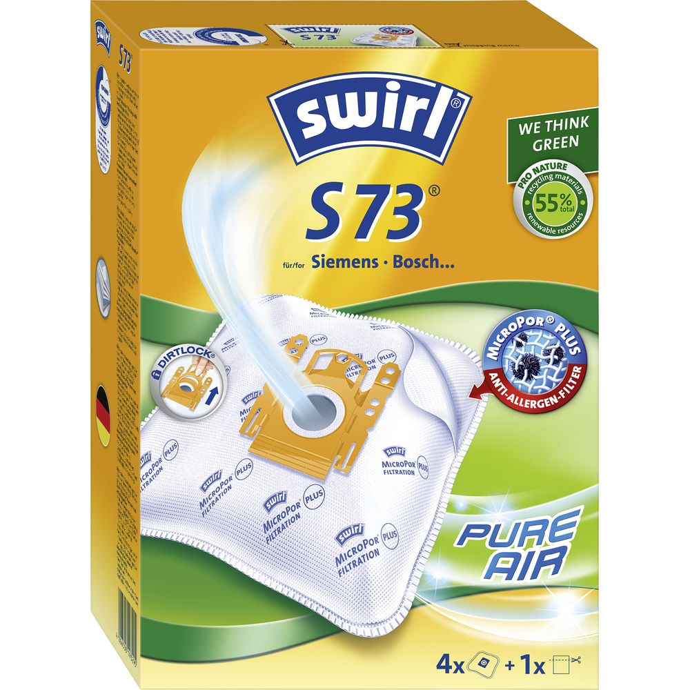 Verpackung für Swirl S73 Staubsaugerbeutel mit "Pure Air" und "Anti-Allergen-Filter".