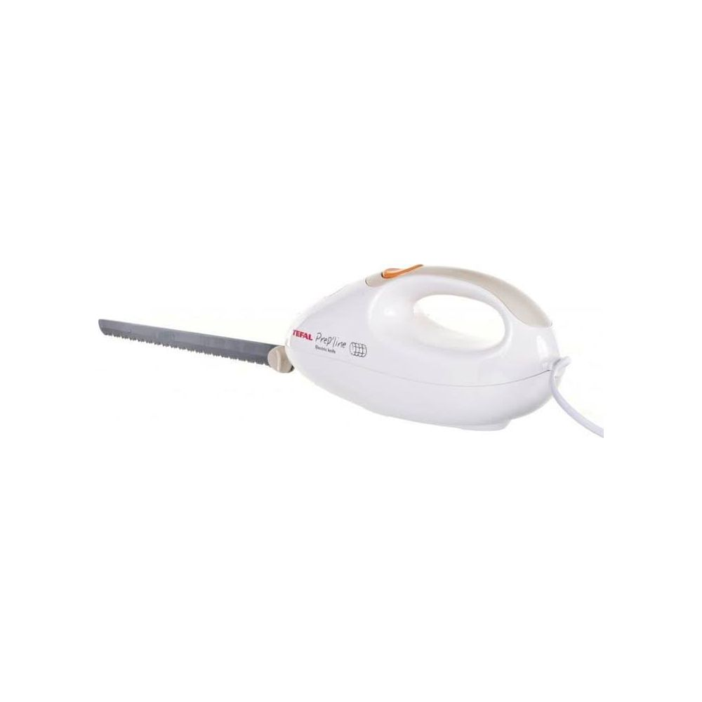 Ein weißes elektrisches Messer von Tefal Prep'line mit einem grauen Sägeblatt.