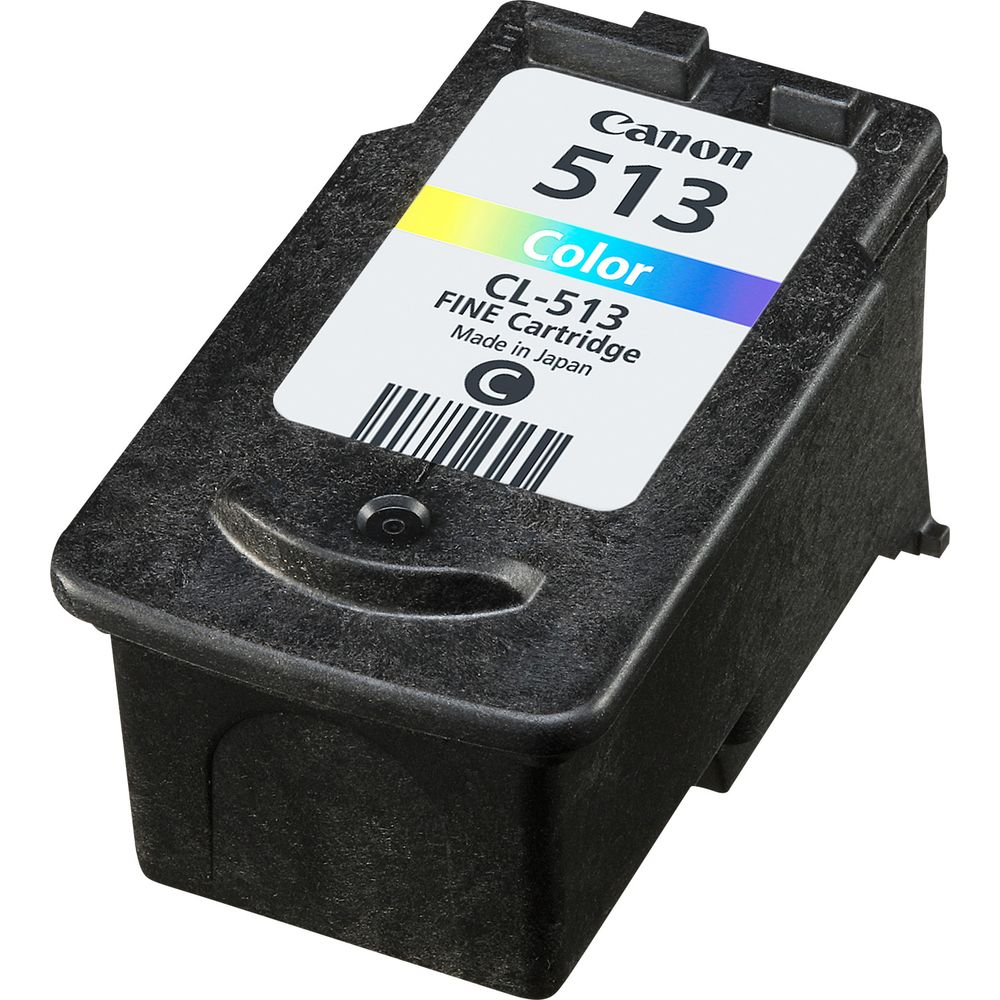 Zwarte Canon CL-513 kleurentenpatroon met wit etiket en barcode.