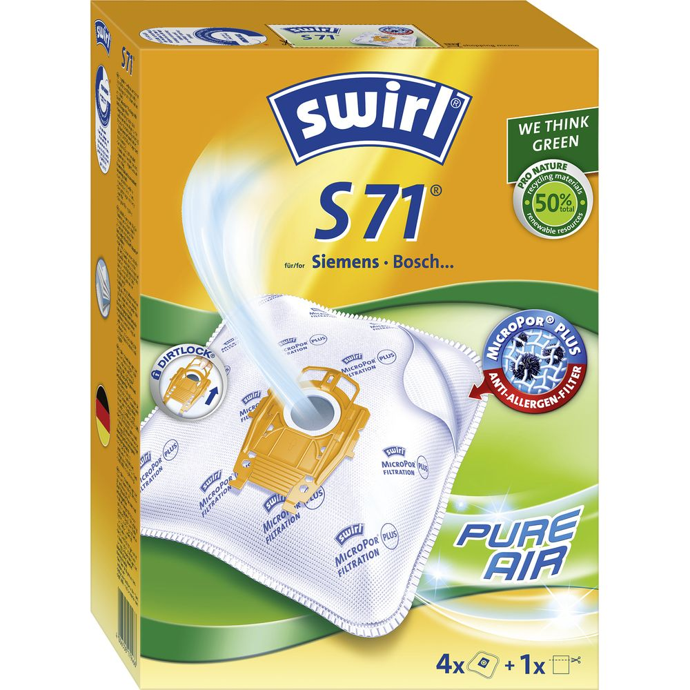 Verpackung von Swirl S71 Staubsaugerbeuteln mit Mikropor Plus Filtertechnologie.