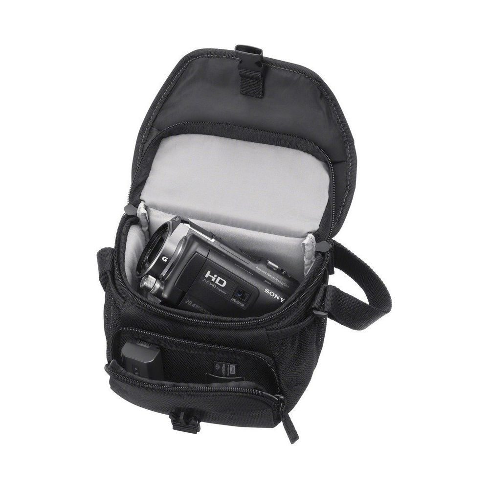 Sacoche d'appareil photo noire, couvercle ouvert, caméscope Sony HD à l'intérieur.