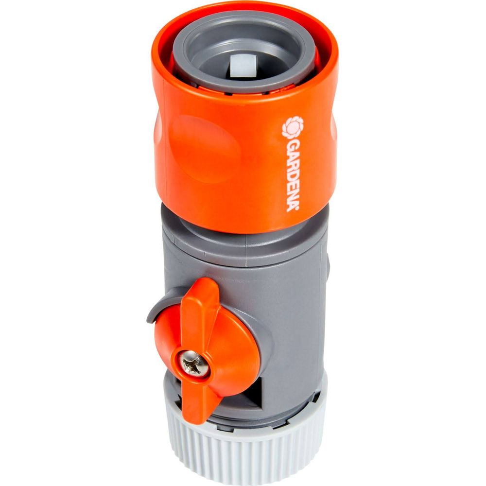 Conector de manguera Gardena gris y naranja con asa y tornillo.