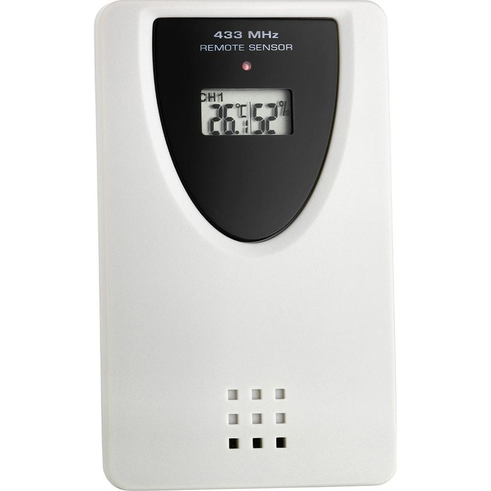 Ein weißer Fernsensor mit digitalem Display zeigt 26,5°C und 52% an.