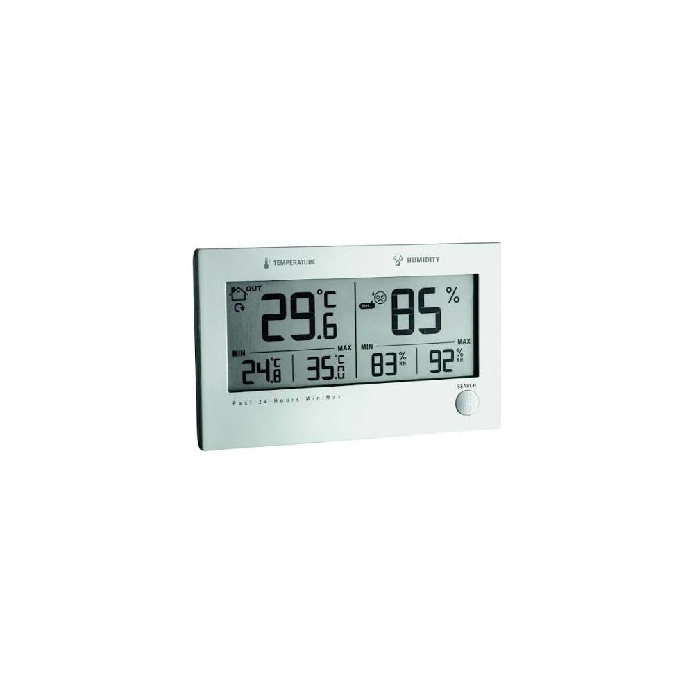 Digitales Thermo-Hygrometer zeigt 29,6°C Außentemperatur, 85% Luftfeuchtigkeit und Min/Max-Werte.