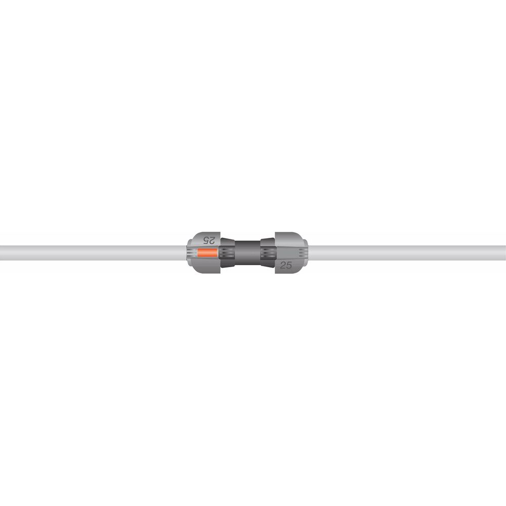 Ein graues Kabel mit einem orangefarbenen und grauen Verbinder, der mit 25 beschriftet ist.