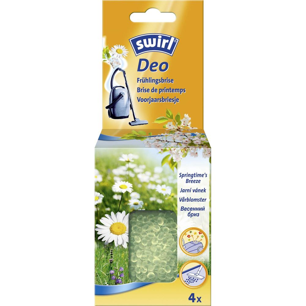 Swirl Deo Frühlingsbrise Duftkugeln mit Blumen und Staubsaugerbild.