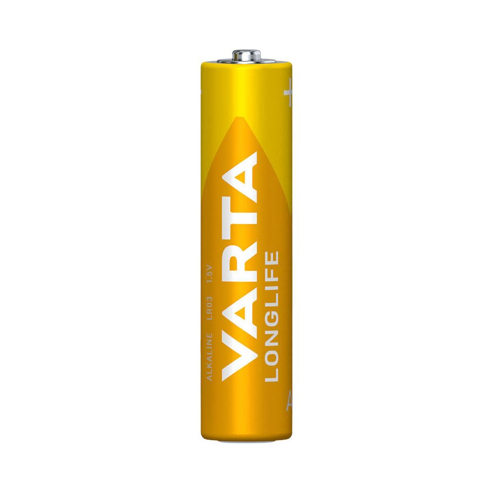 Una batteria AAA Varta Longlife gialla con parte superiore argentata.