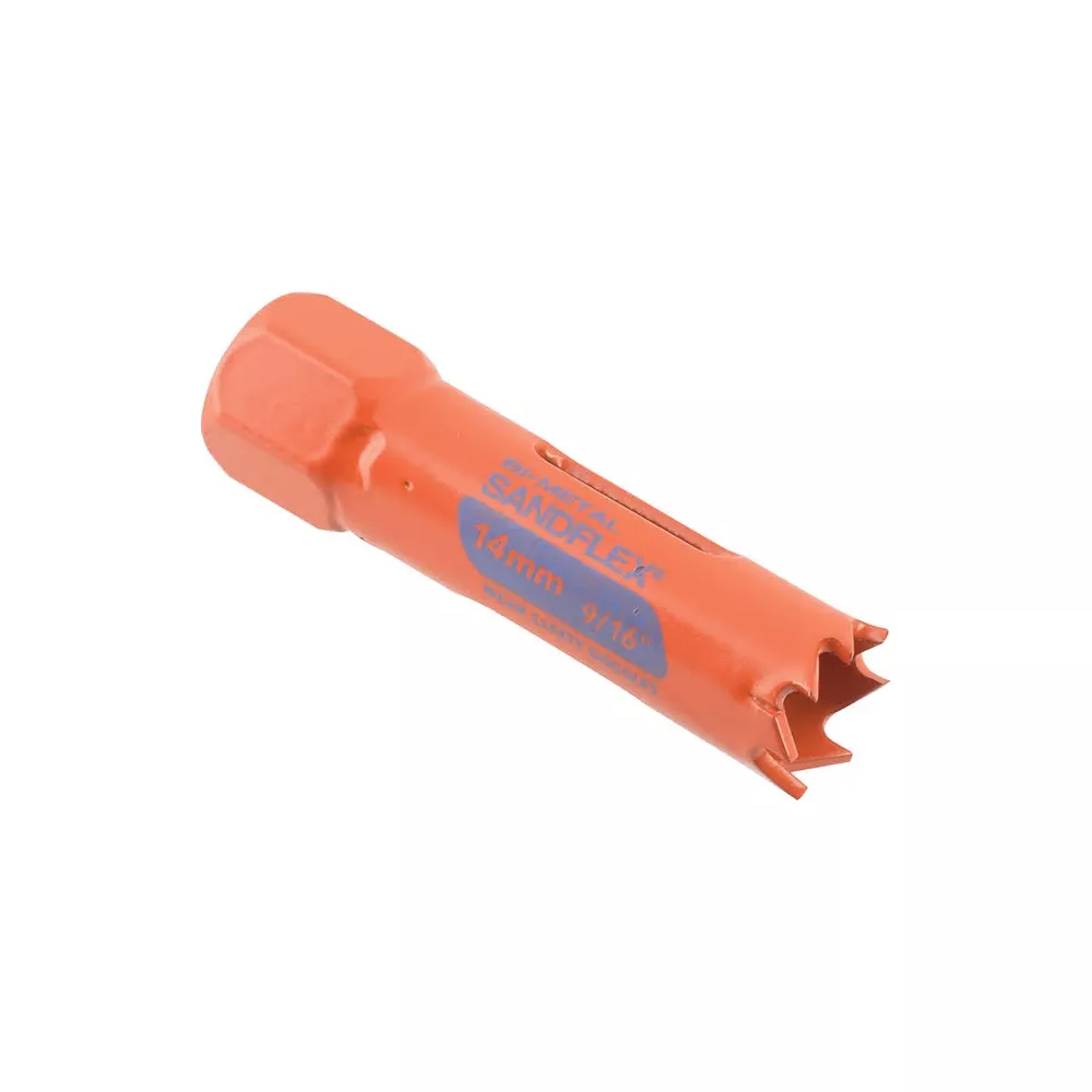 Orange-farbener Lochsägeaufsatz mit Schaft und Zacken.