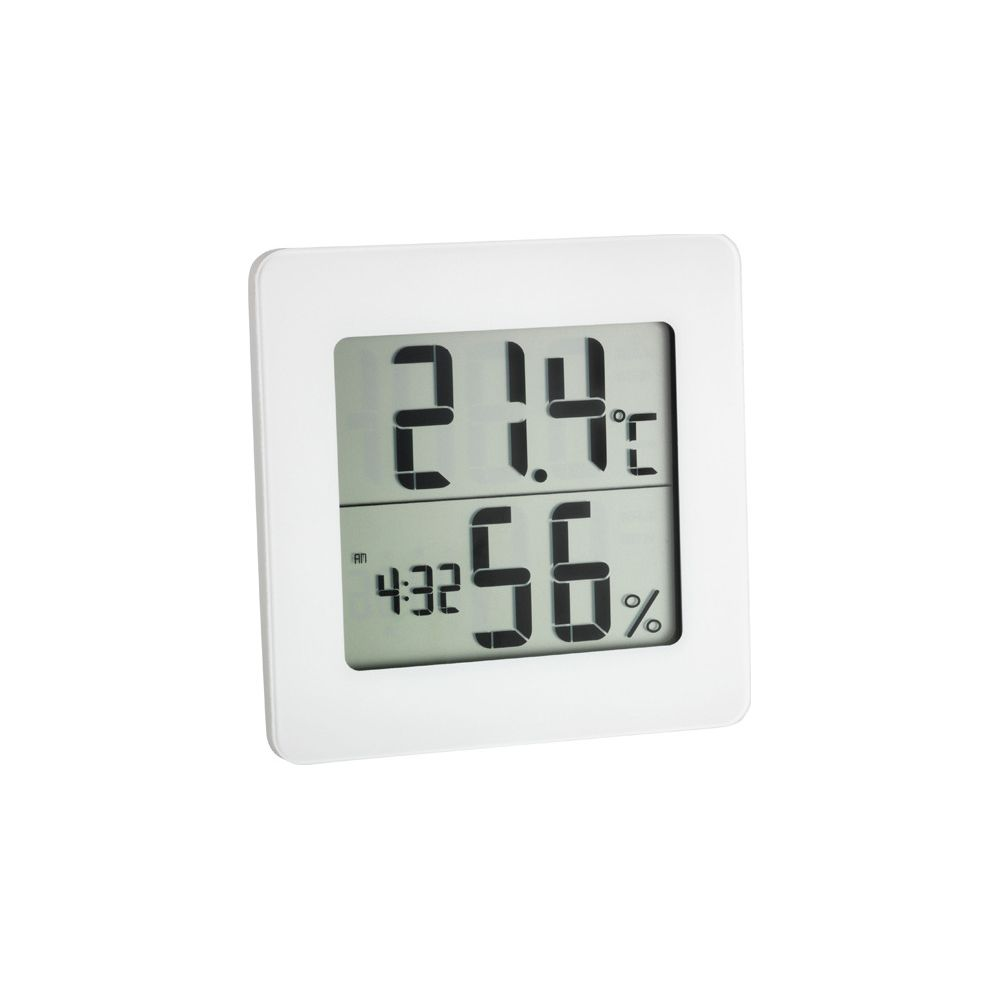 Ein weißer digitaler Thermometer zeigt 21,4 Grad Celsius und 56% Luftfeuchtigkeit an.