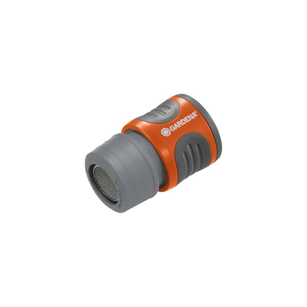 Connettore tubo giardino grigio con impugnatura arancione e logo GARDENA.