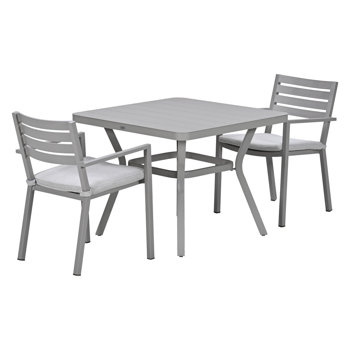 Grijze metalen tafel met twee gestoffeerde stoelen, tuinmeubelset.