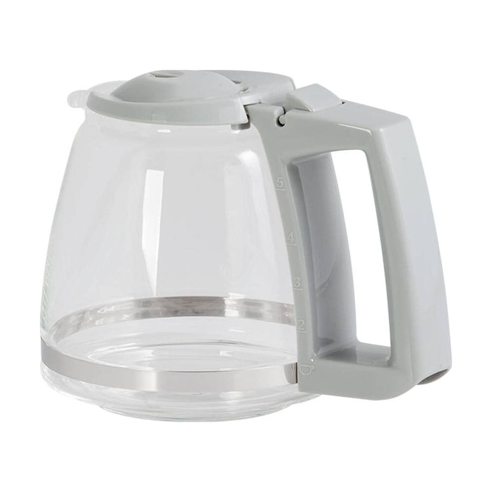 Eine klare Glaskanne mit grauem Griff und Deckel, mit Markierungen für Tassen.
