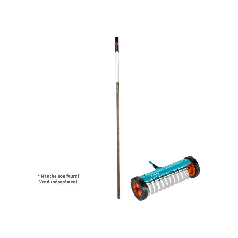 A lawn aerator with a blue body and wheels stands next to a pole.