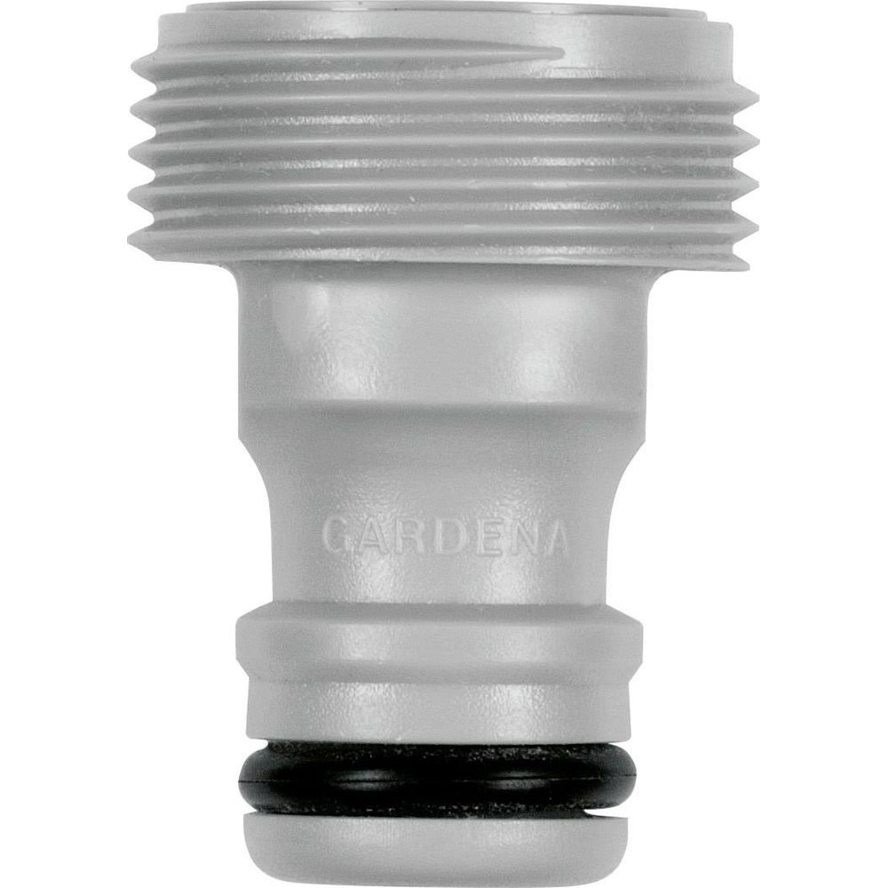 Adattatore per tubo GARDENA grigio con filettatura e O-ring nero.