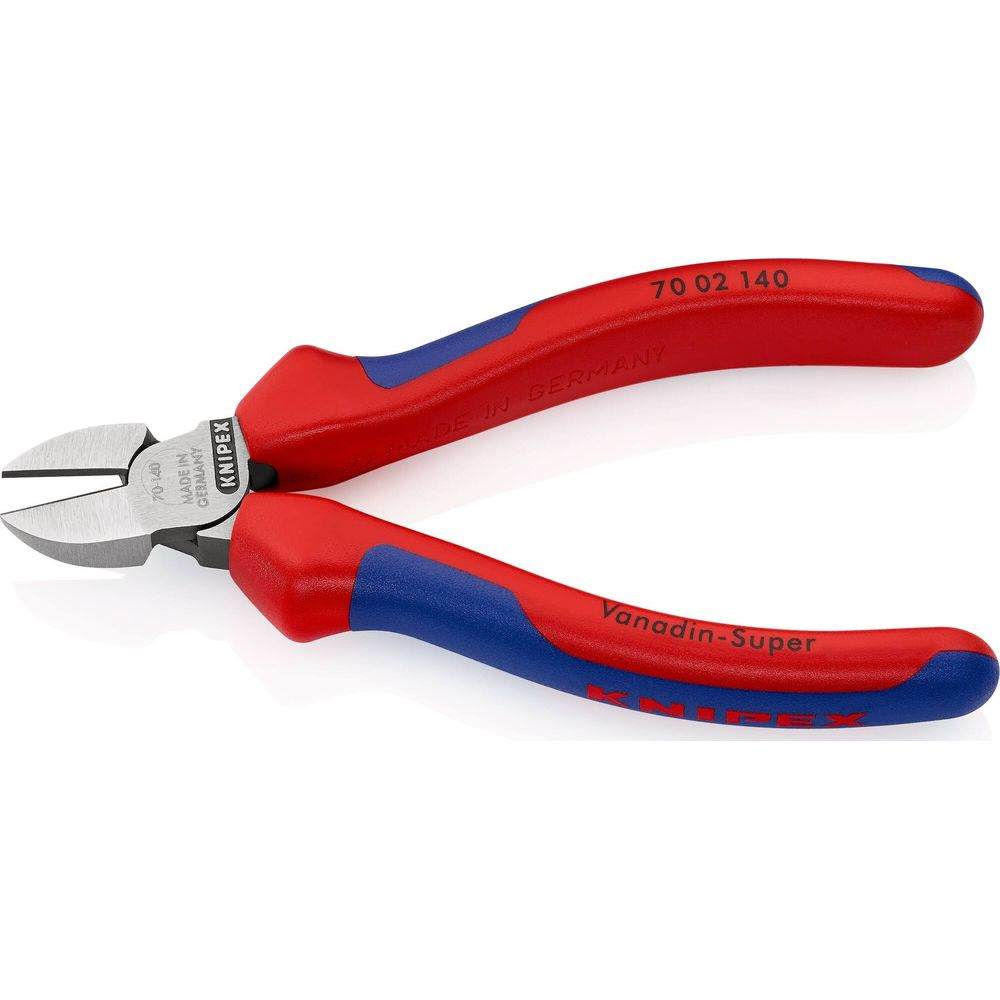 Rote und blaue Zangen mit silbernen Schneiden. Beschriftung: KNIPEX, Made in Germany.