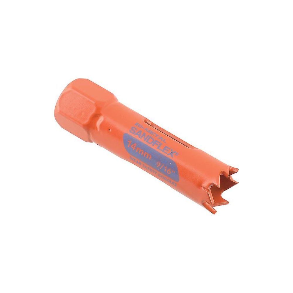 Ein orangefarbener Lochsägeaufsatz mit der Aufschrift SANDFLEX 14 mm 9/16 Zoll.