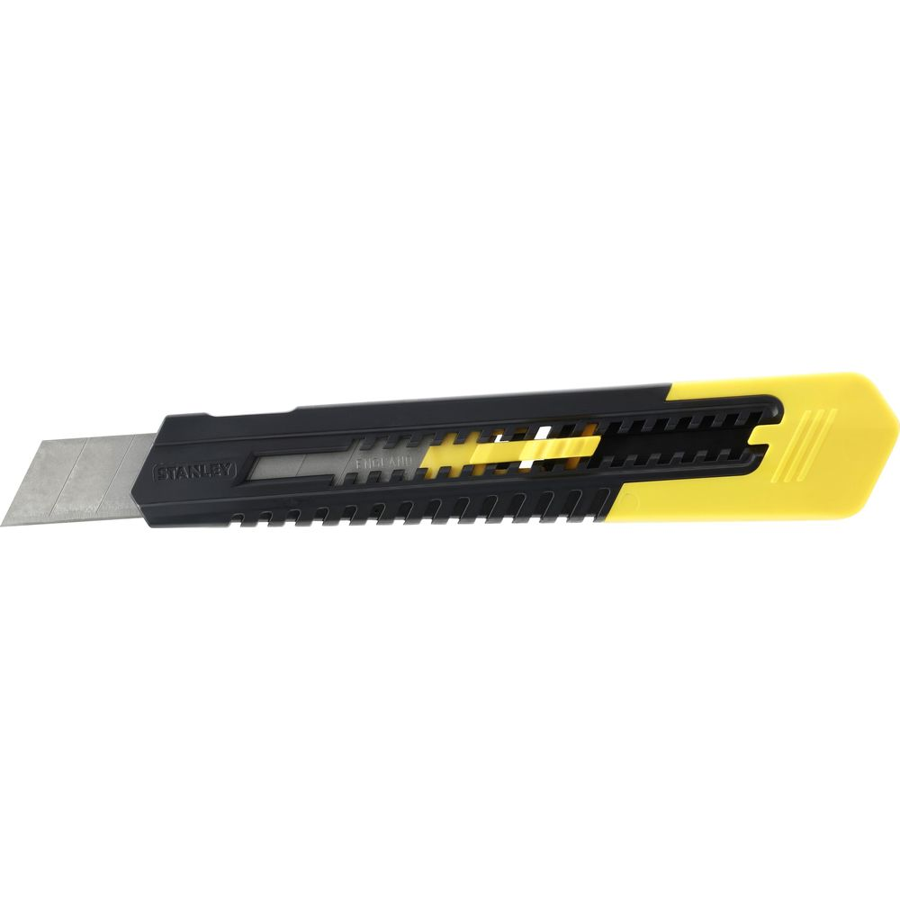 Ein schwarzes und gelbes Stanley-Cuttermesser mit ausgefahrener Klinge.