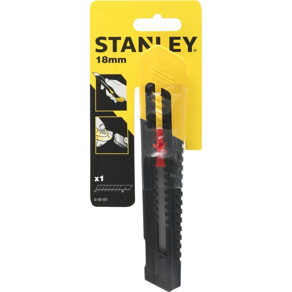 Stanley 18mm Cuttermesser mit rotem Schieber auf gelb-schwarzer Verpackung.