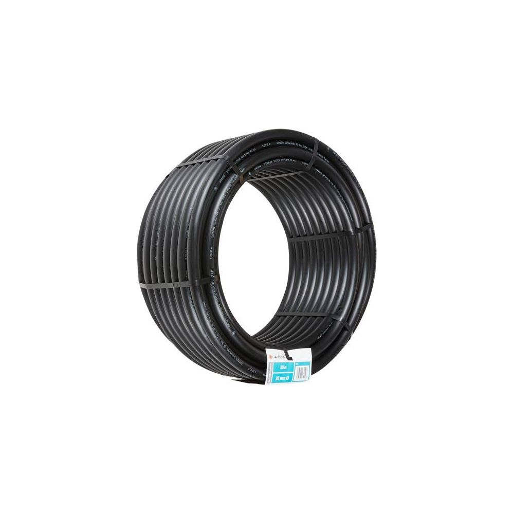 Czarna rolka węża na białym tle z etykietą 50m, 25mm.