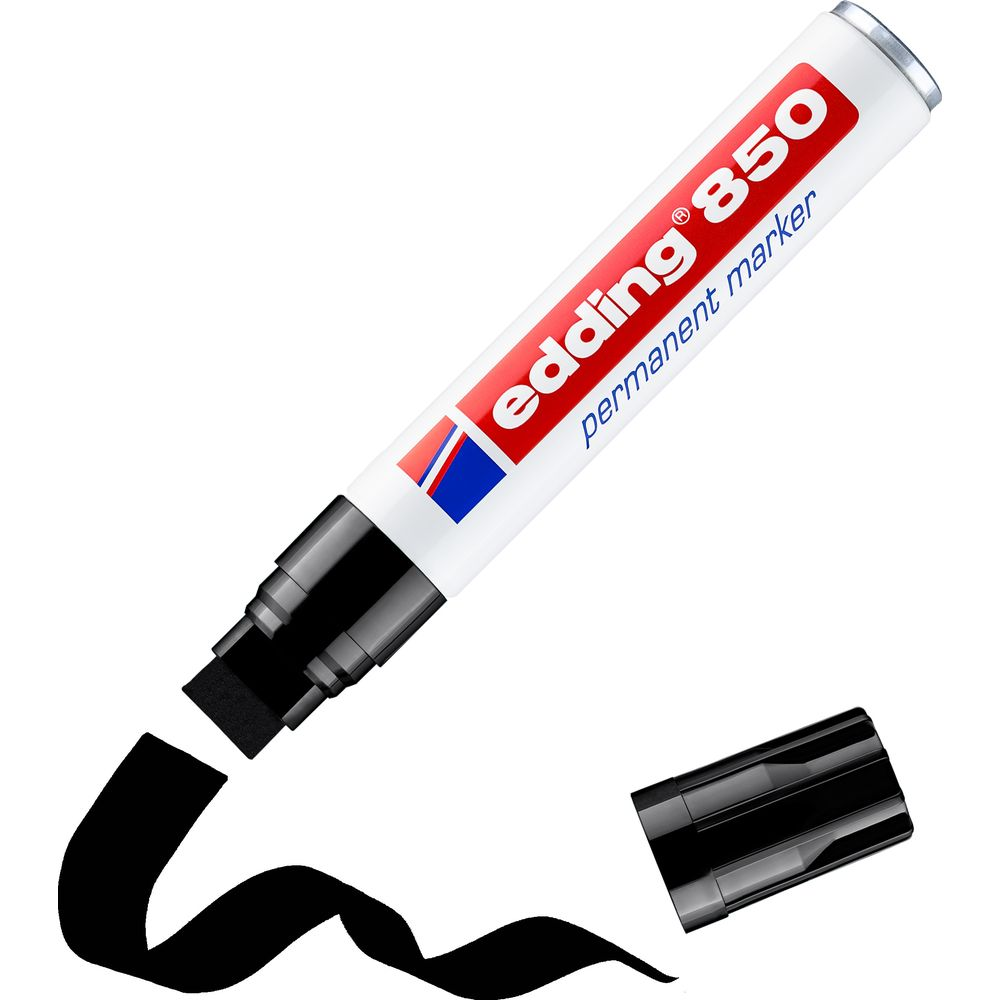 Ein schwarzer Edding 850 Permanent Marker mit geöffneter Kappe und einer geschwungenen Linie.