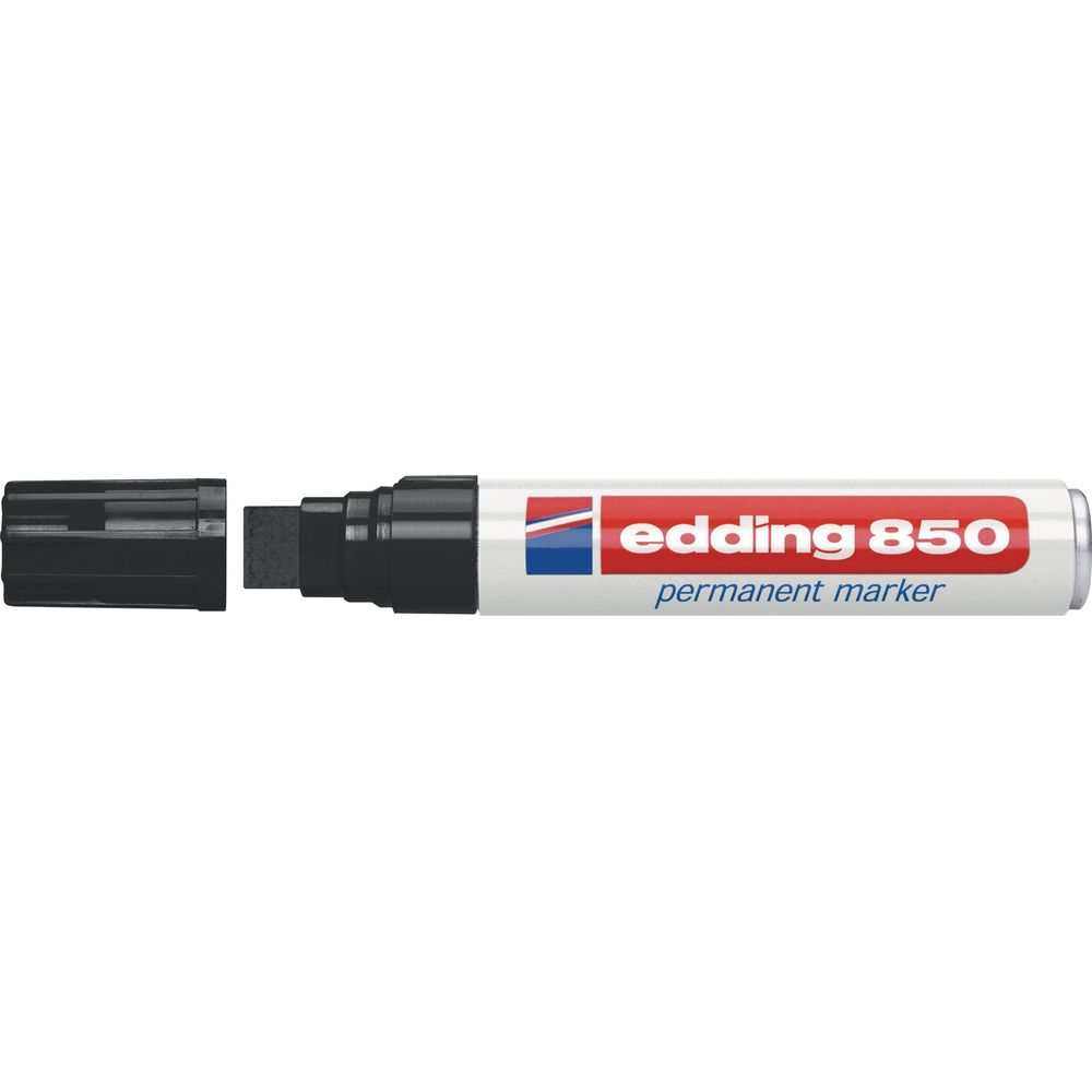 Ein schwarzer Edding 850 Permanentmarker mit roter und blauer Beschriftung.