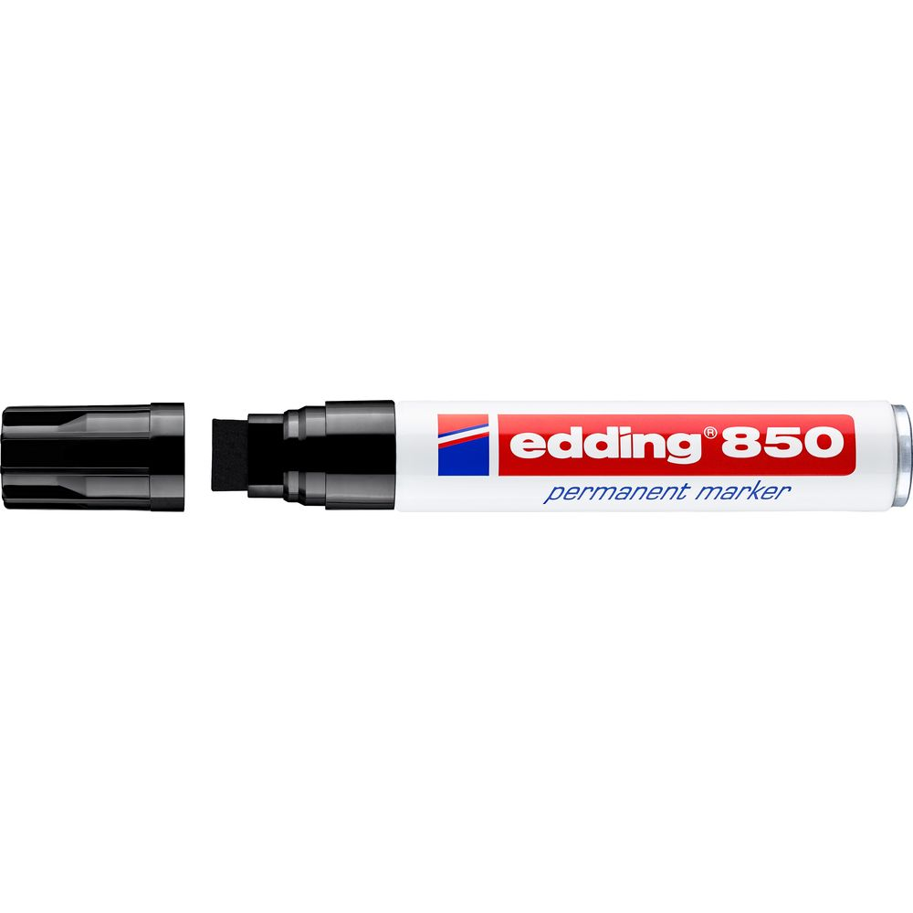 Ein schwarzer Edding 850 Permanentmarker mit rotem Schriftzug auf weißem Grund.