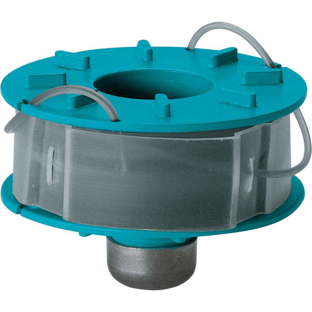 Een teal grastrimmerkop met doorzichtige spoel en metalen voet.