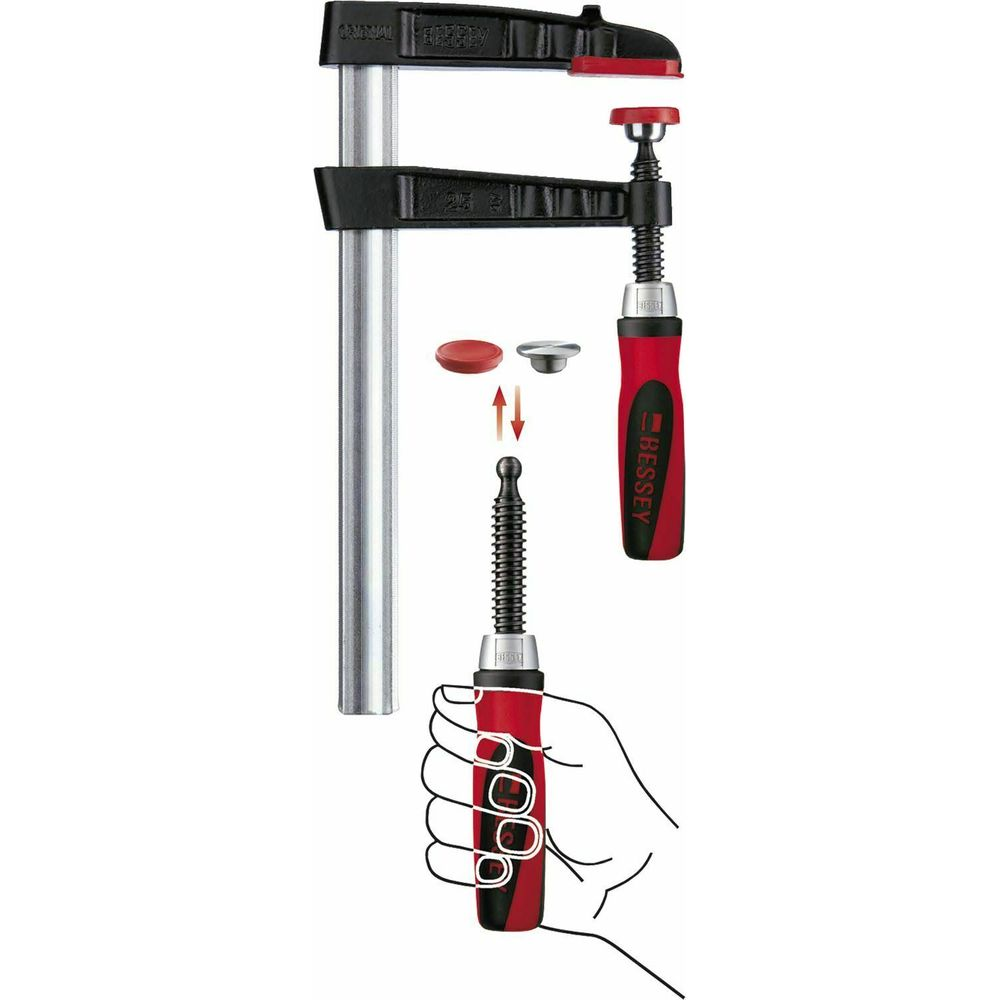 Ein Bessey-Klemmgriff mit roten und schwarzen Griffen und einer silbernen Stange.