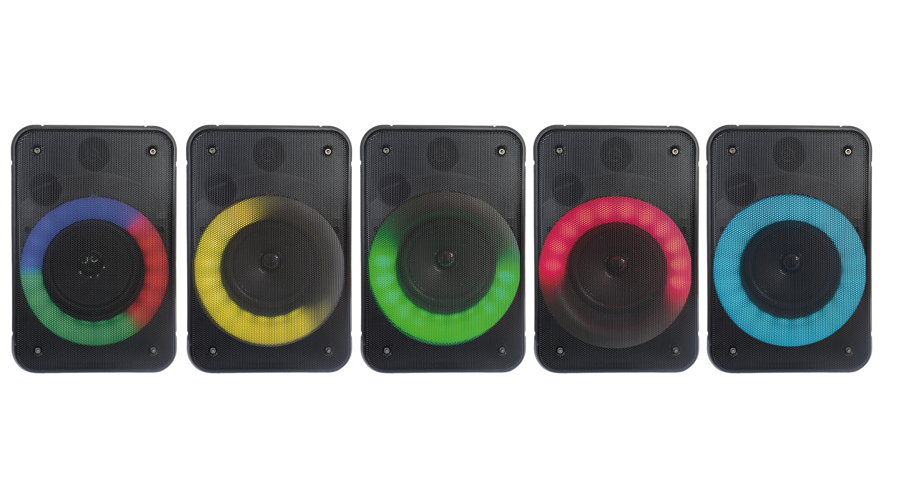 Cinque altoparlanti neri con anelli luminosi colorati: blu/rosso, giallo, verde, rosso e blu.
