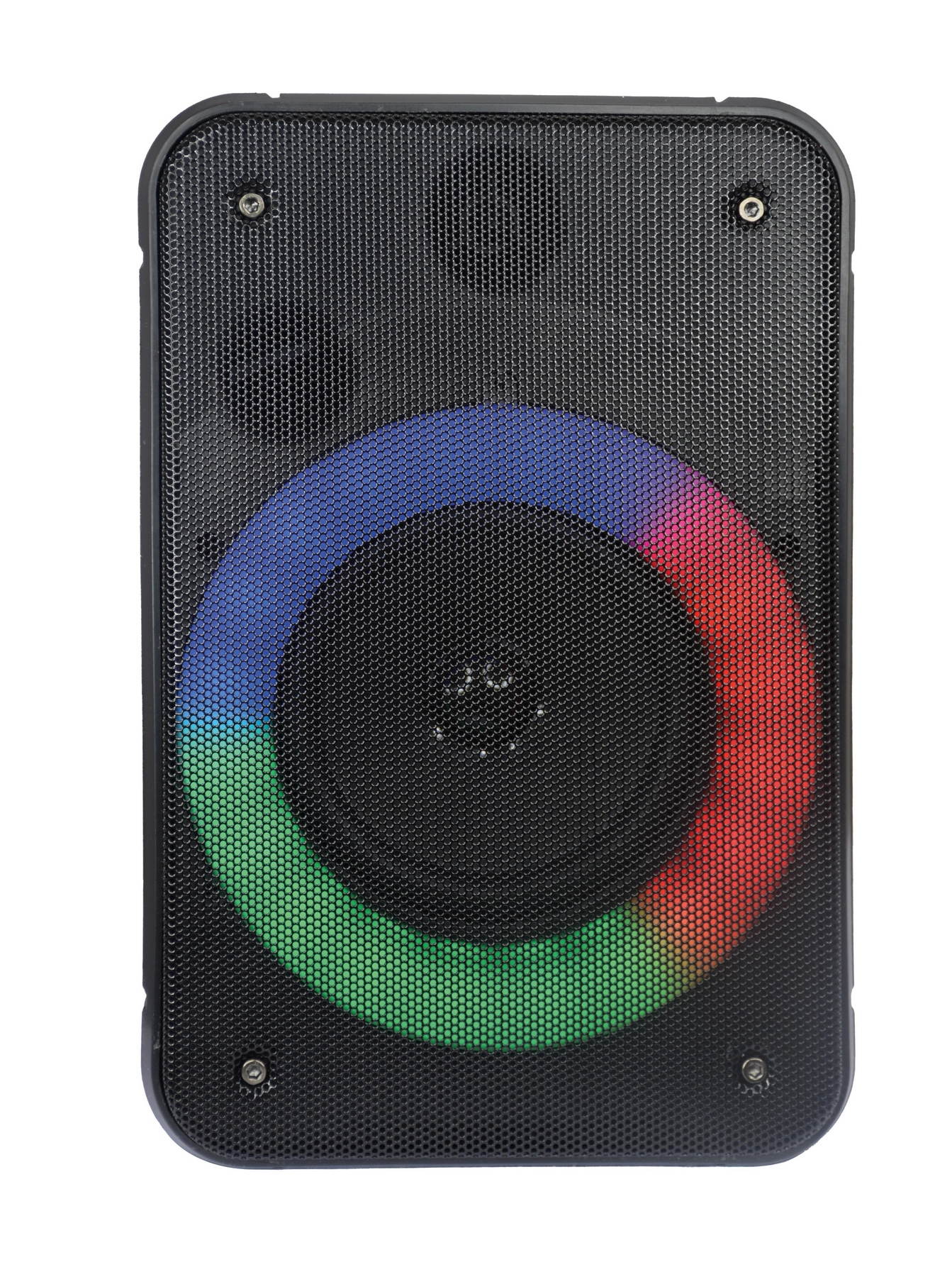 Altoparlante nero con un anello di luci LED colorate blu, verdi e rosse.