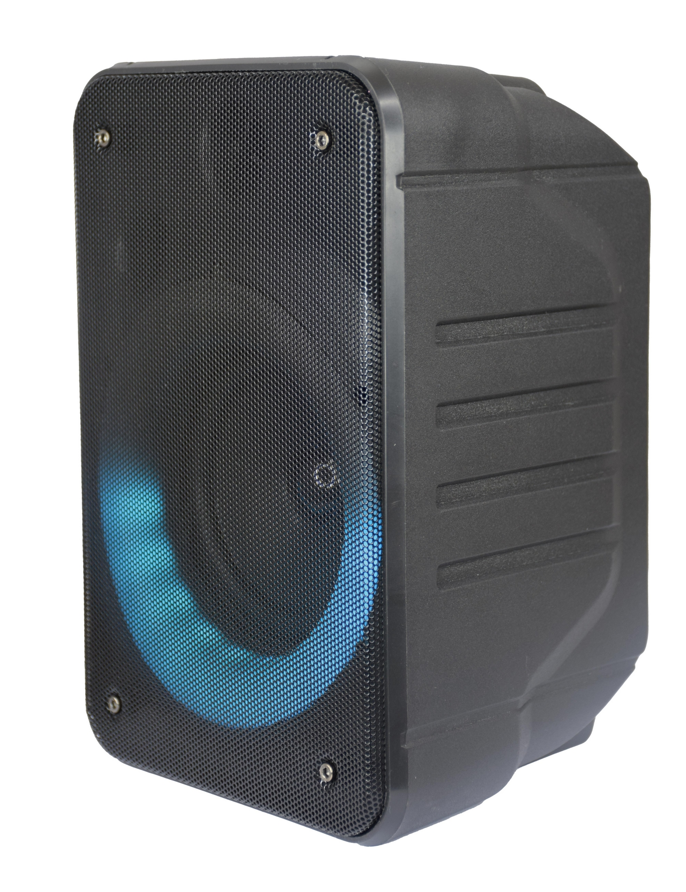Altoparlante nero con illuminazione LED blu su sfondo bianco.