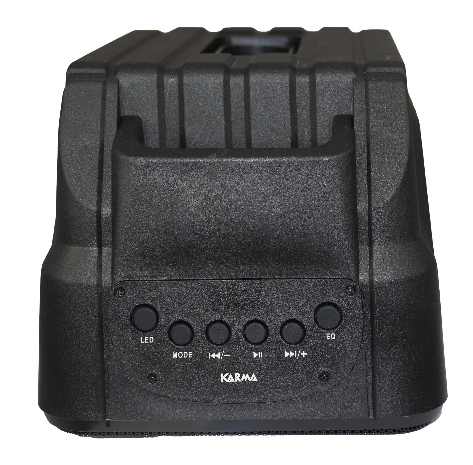 Altoparlante Karma nero con controlli: LED, Modalità, Prec/Succ, Riprod./Pausa, EQ.