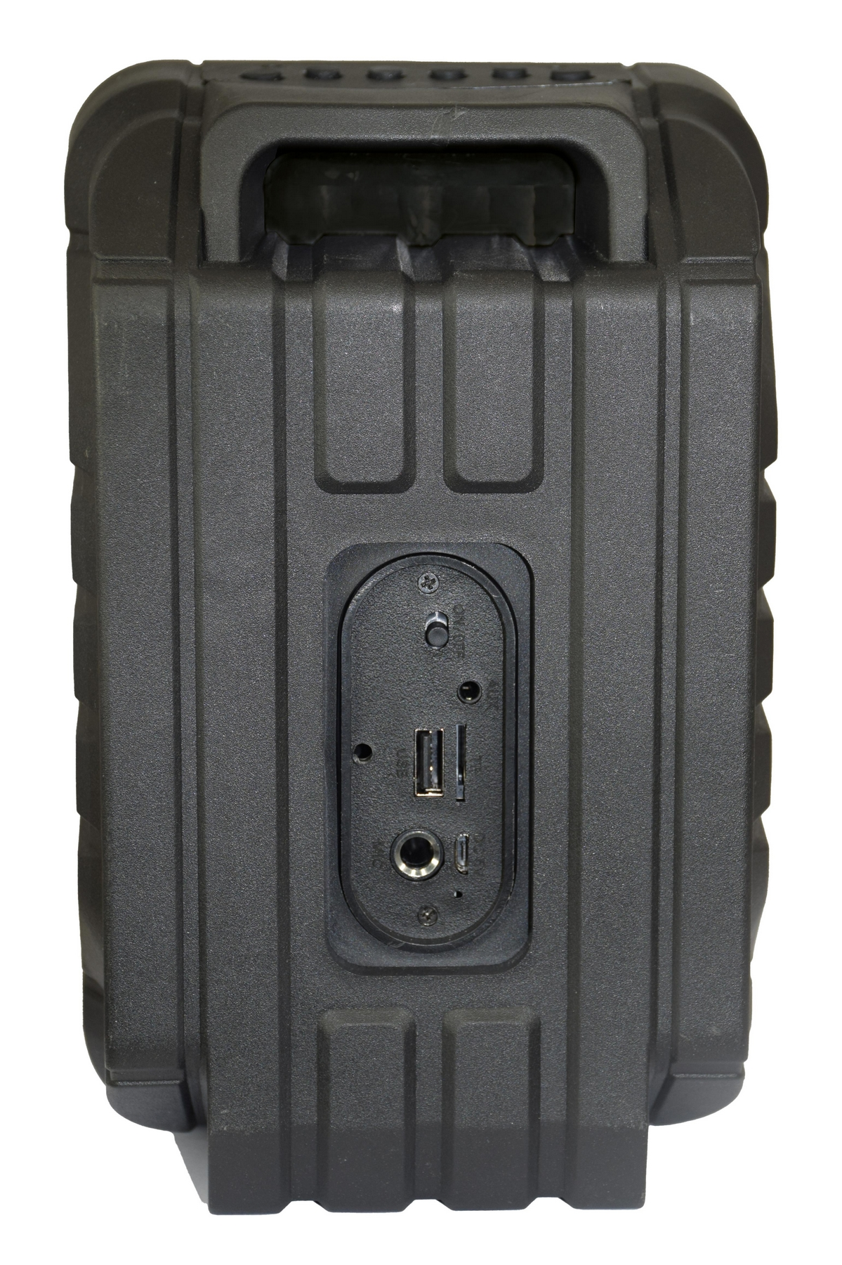 Altoparlante nero con manico e porte laterali, inclusi USB e aux.