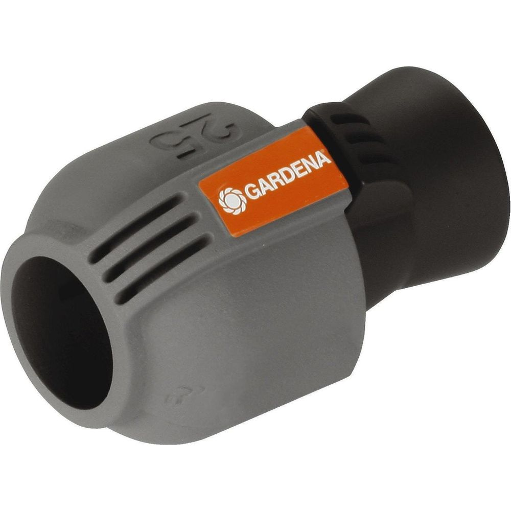 Grauer Gardena-Schlauchverbinder mit orangefarbenem Logo und schwarzen Details.