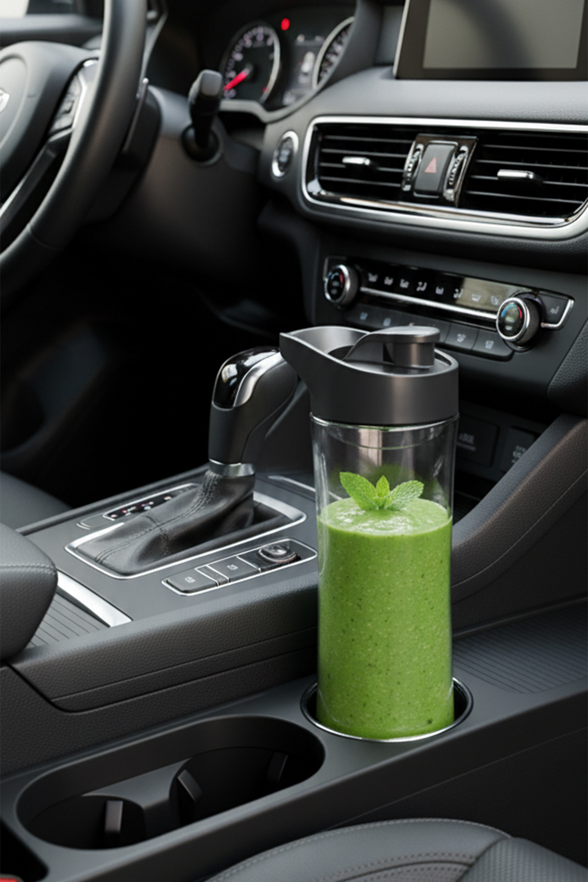 Arabanın içindeki cam kapta nane ile yeşil smoothie.