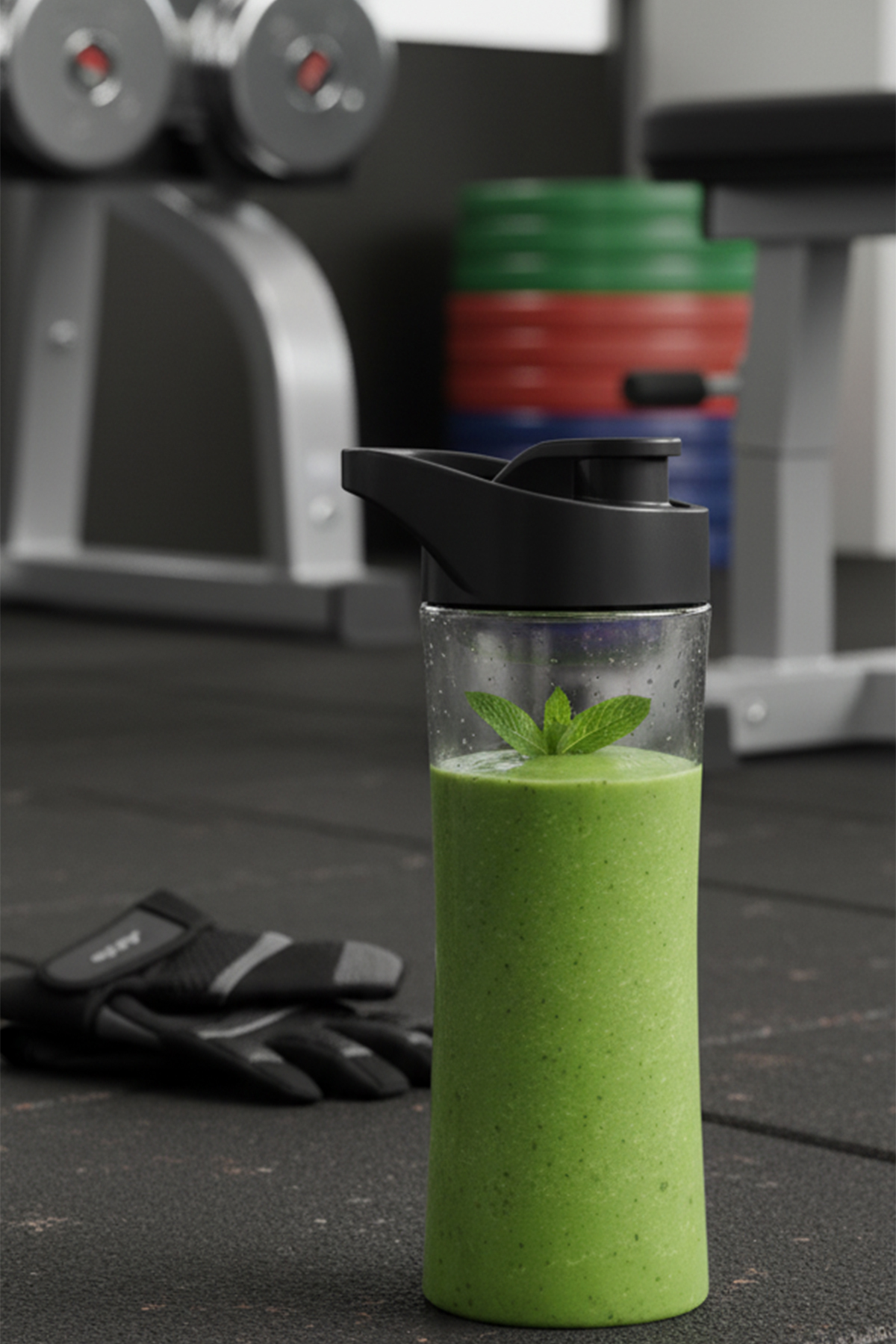 Nane yapraklı cam şişede yeşil smoothie, spor salonunda eldivenler ve dambıllar.