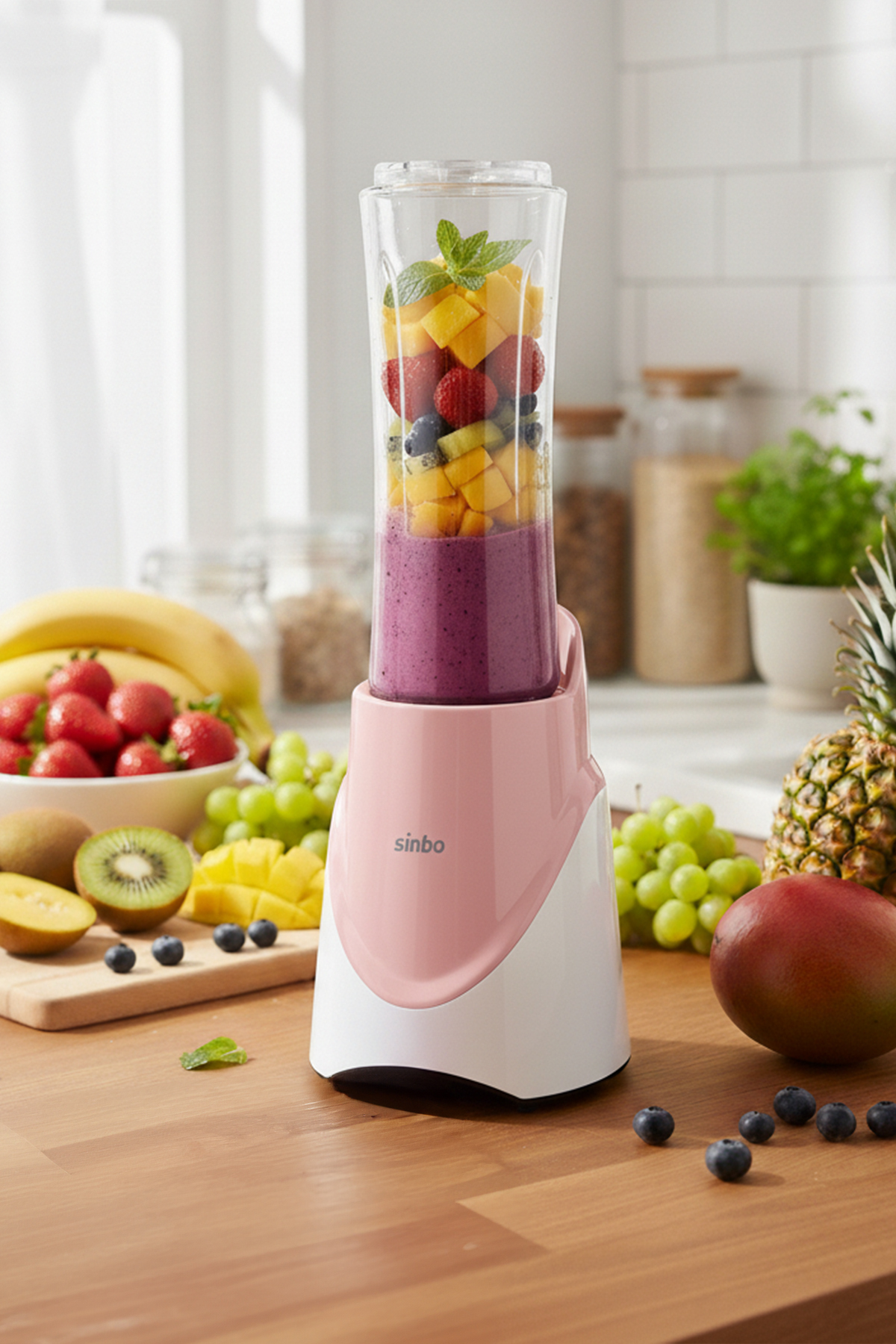 Ahşap bir masanın üzerinde meyve dilimleri ve smoothie içeren pembe blender.