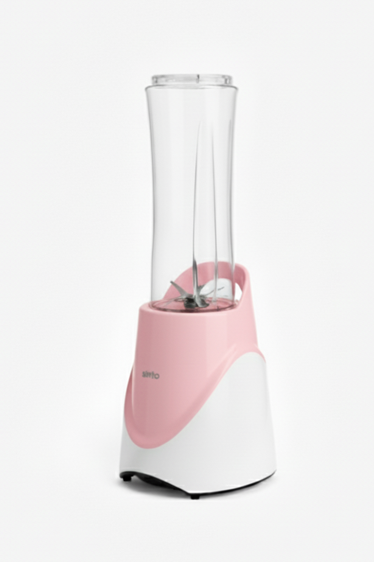 Şeffaf hazne ve gümüş bıçaklı pembe ve beyaz blender.