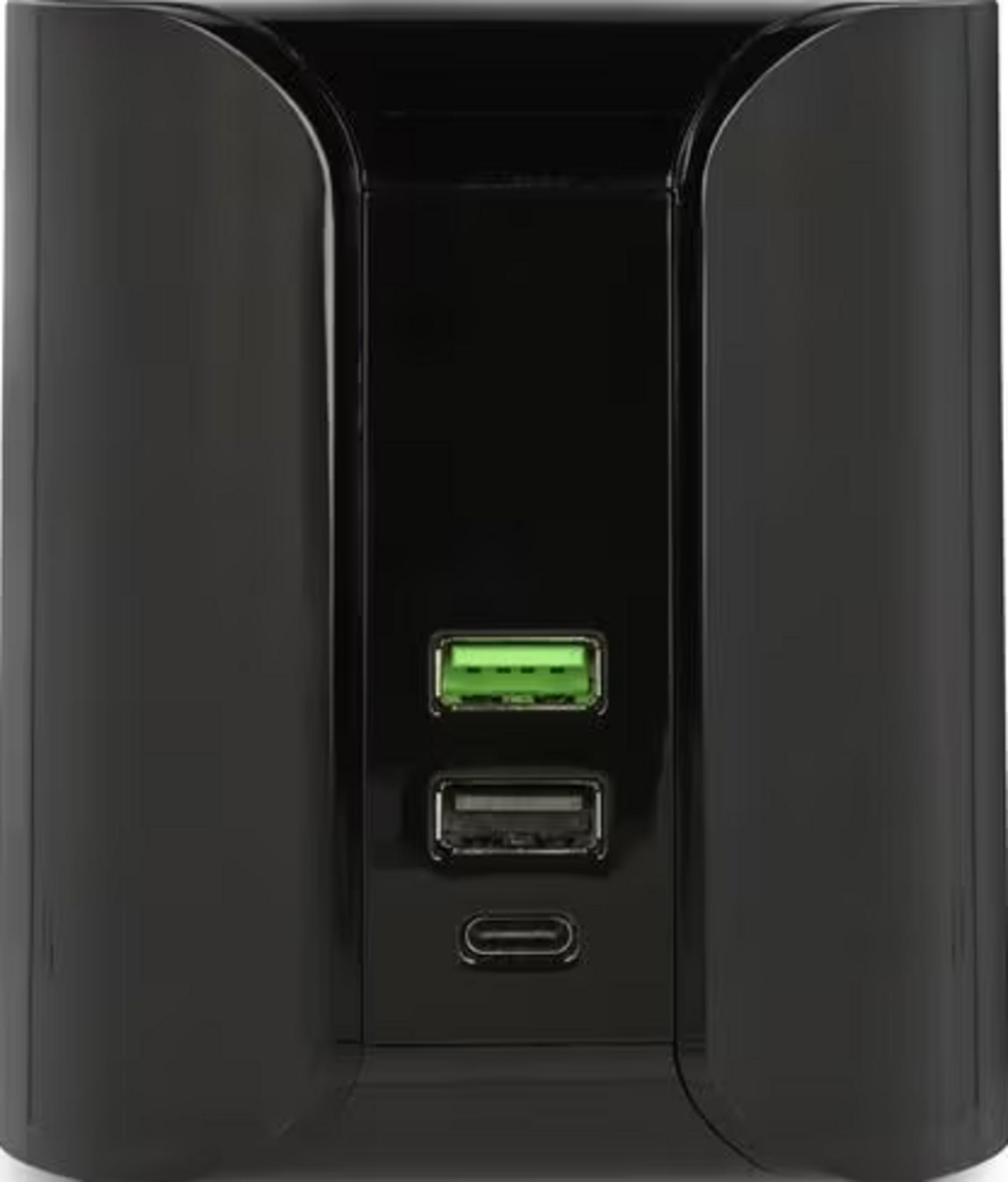 Caricatore nero con una porta USB verde e una nera.