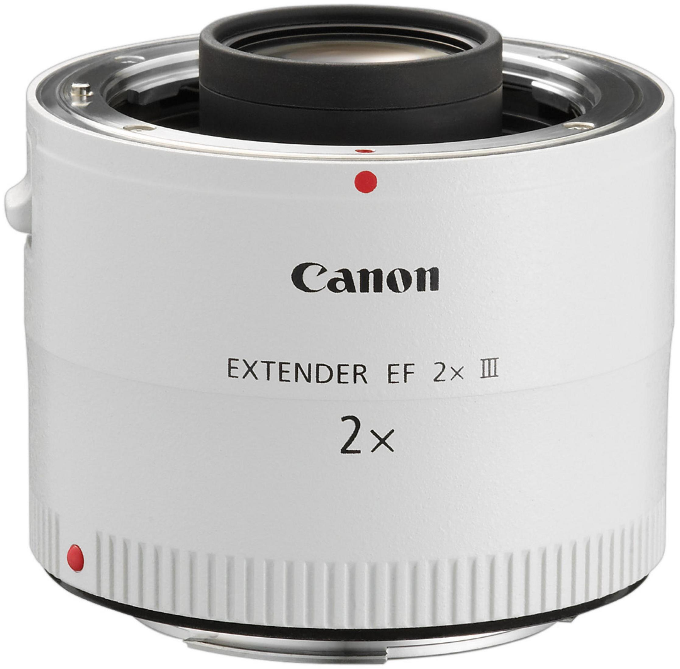 Un Canon Extender EF 2x III blanco con marcas rojas.