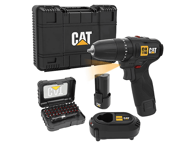 CAT DX1160 12Volt/2.0Ah Li-ion Çift Akülü Kömürsüz Şarjlı Darbeli Matkap + DA01901 32 Parça Uç Seti Uç Seti