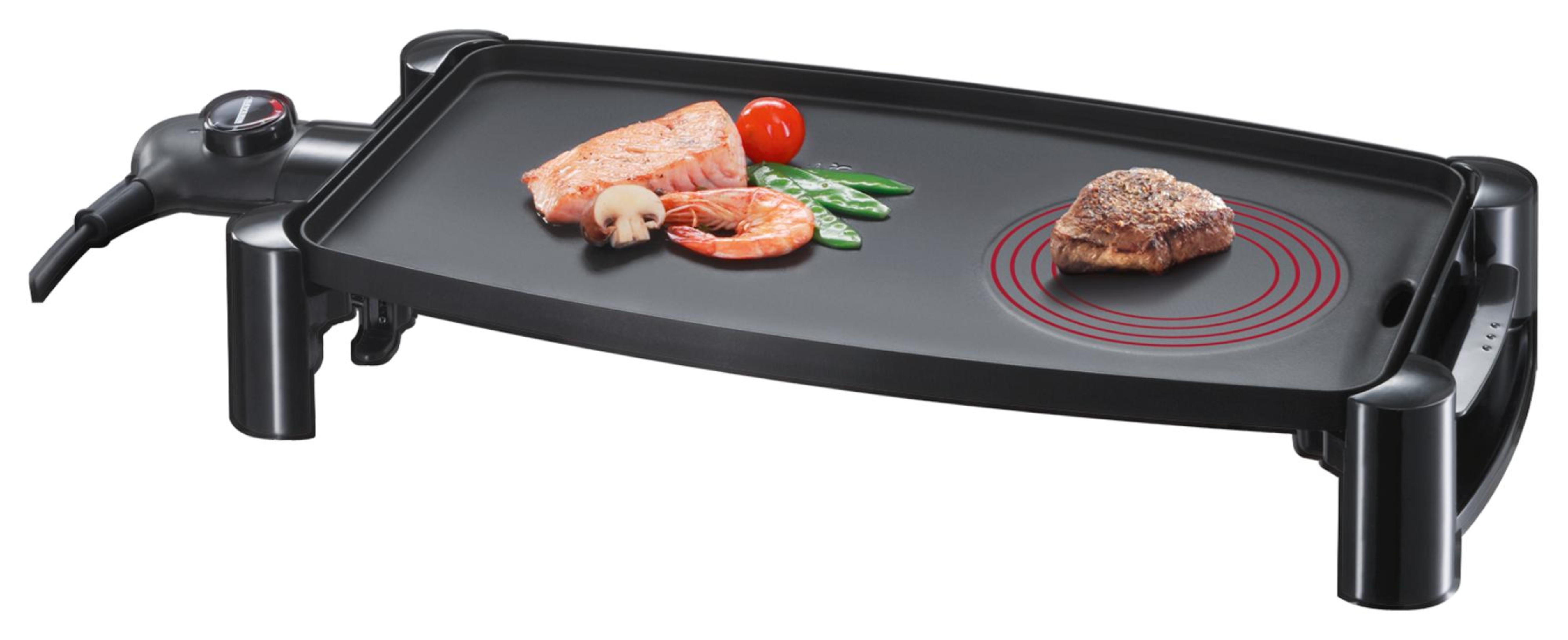 Grill elettrico con salmone, gamberi, fungo, pomodoro, fagiolini e bistecca.